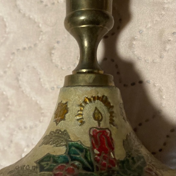 Vintage Christmas Scene Cloisonné Enamel Christmas Brass Candle Holders Set - Picture 2 of 4